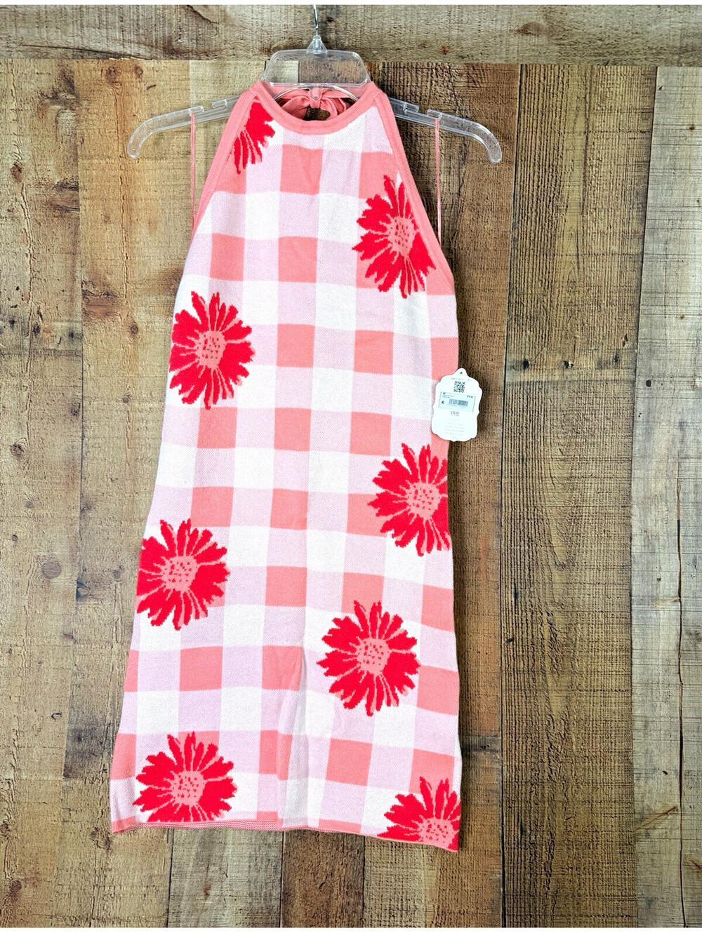 Altar’d State Pink Gingham Floral Knit Halter Mini Dress NWT Large Coquette